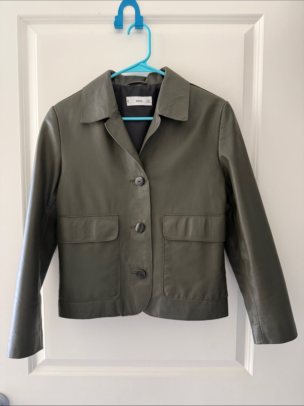 Mango Olive Leather Button-Front Jacket